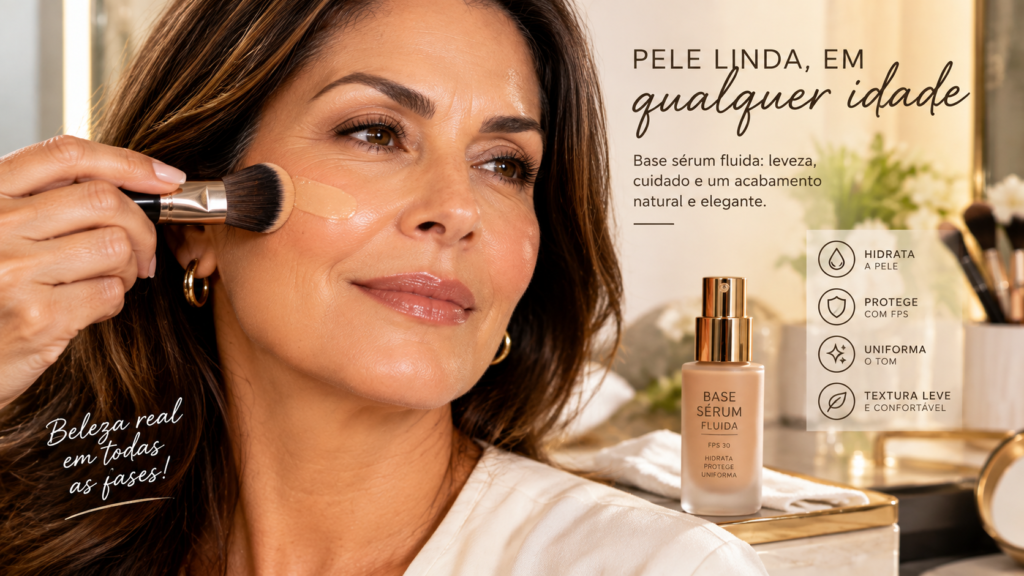 Aplicação delicada de base sérum fluida em pele de mulher madura brasileira com pincel macio