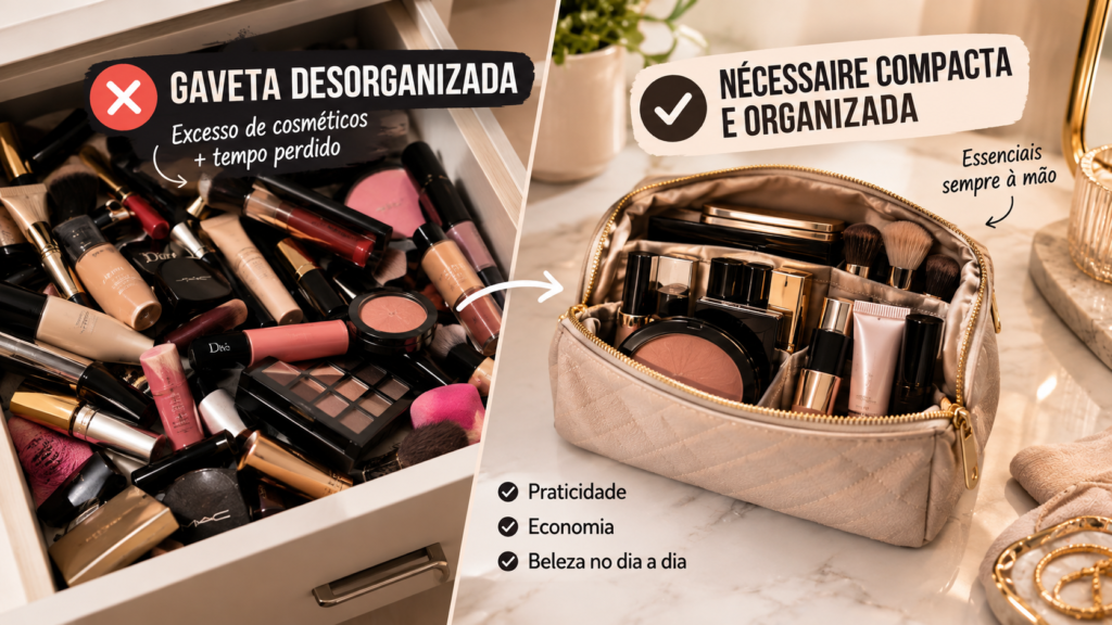 Comparação visual entre gaveta desordenada com excesso de cosméticos e nécessaire compacta organizada