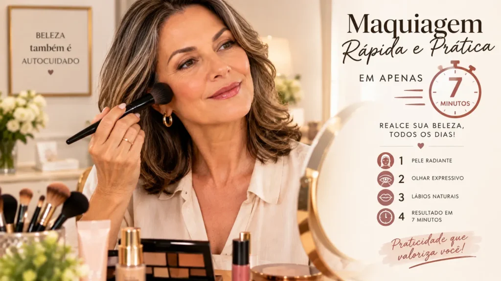 Mulher de 45 a 50 anos finalizando rotina de maquiagem rápida e prática de 7 minutos com sorriso sereno
