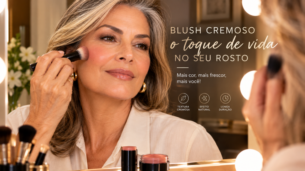 Mulher de 55 anos aplicando blush cremoso nas maçãs do rosto diante do espelho iluminado