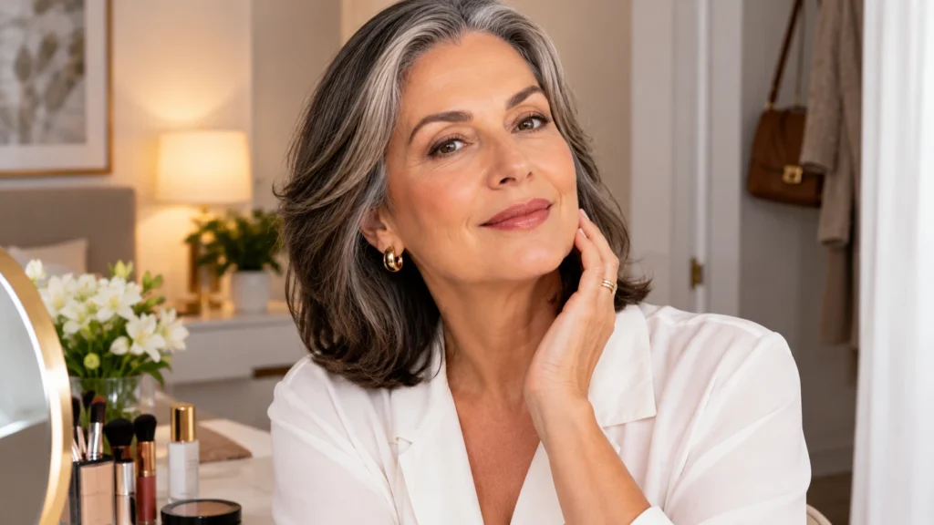 Mulher elegante de 50 anos pronta para sua rotina com maquiagem suave e natural