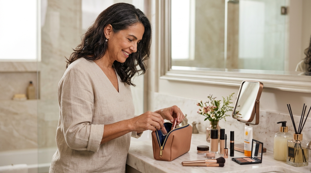 Nécessaire Inteligente Depois dos 40: Mulher madura brasileira organizando produtos essenciais em uma nécessaire de maquiagem sobre bancada elegante