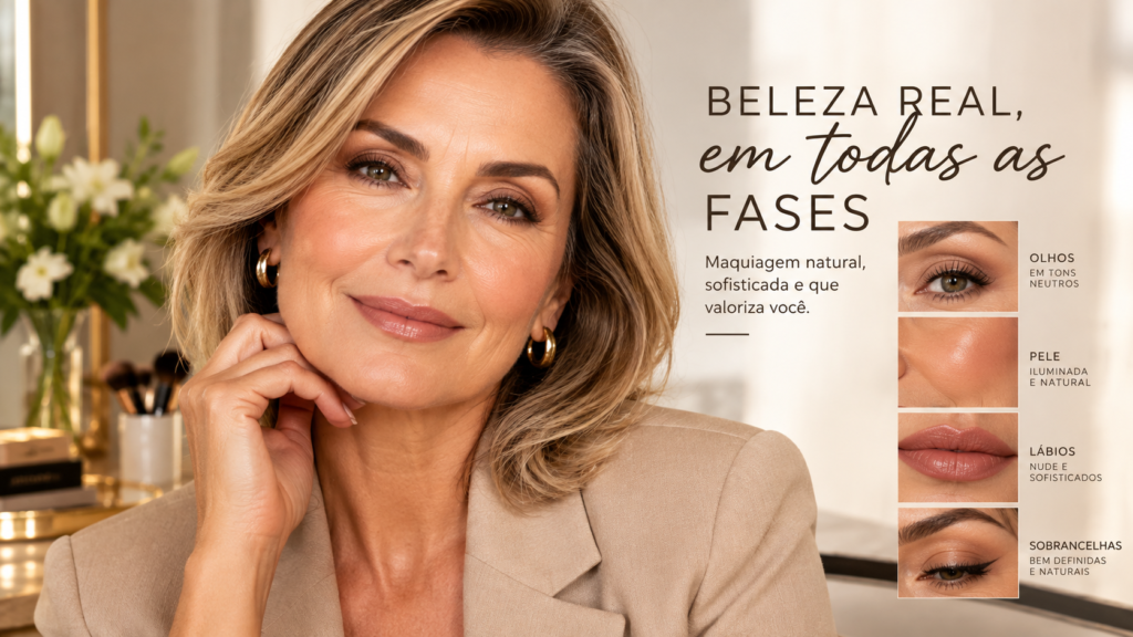 Mulher madura de 50 anos com pele iluminada e maquiagem natural em tons neutros e sofisticados