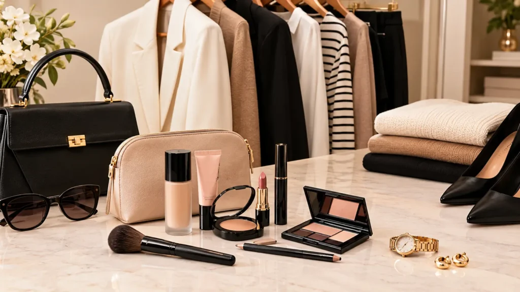 Nécessaire minimalista de maquiagem harmonizada com peças elegantes de guarda-roupa cápsula feminino
